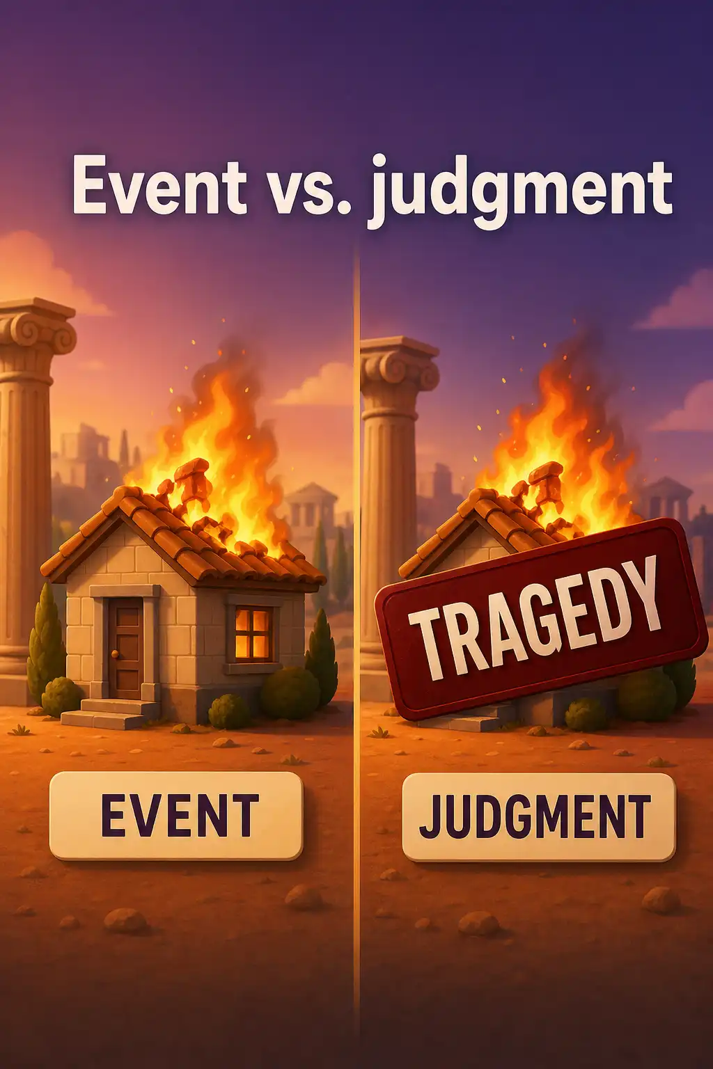 Meditations preview: Here is the first big move, what Stoics call the discipline of perception. A house burning down is just an event. Callin