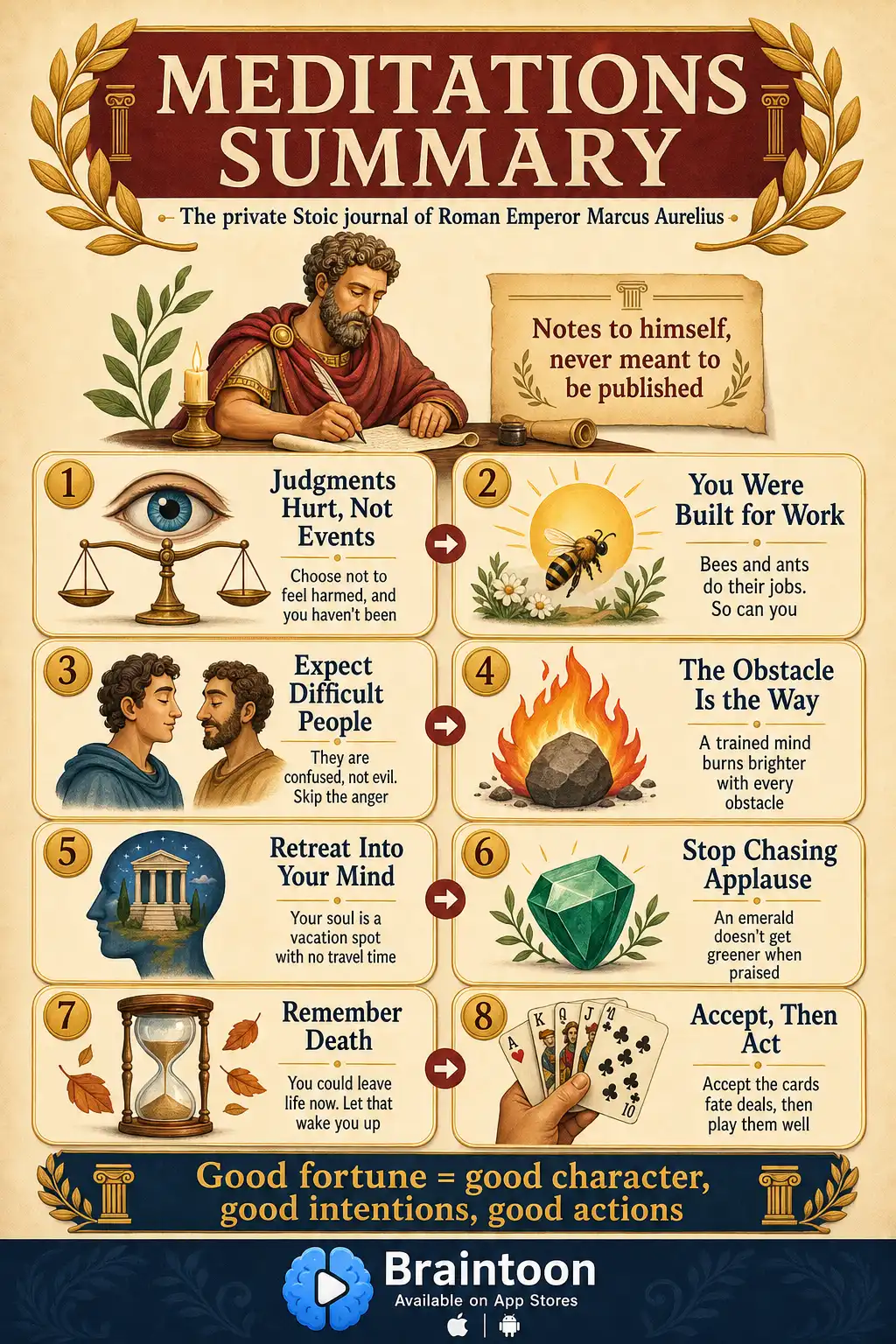 Infographic summarizing Meditations by Marcus Aurelius with eight illustrated cards: judgments hurt not events, you were built for work, expect difficult people, the obstacle is the way, retreat into your mind, stop chasing applause, remember death, and accept then act, ending with the takeaway that good fortune equals good character, intentions, and actions.