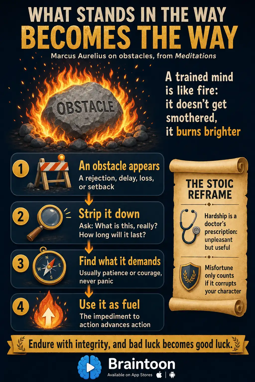 Process infographic of Marcus Aurelius's idea that the obstacle is the way: a fire consuming a boulder, followed by four steps—obstacle appears, strip it down, find what it demands, use it as fuel—plus reframes comparing hardship to a doctor's prescription.