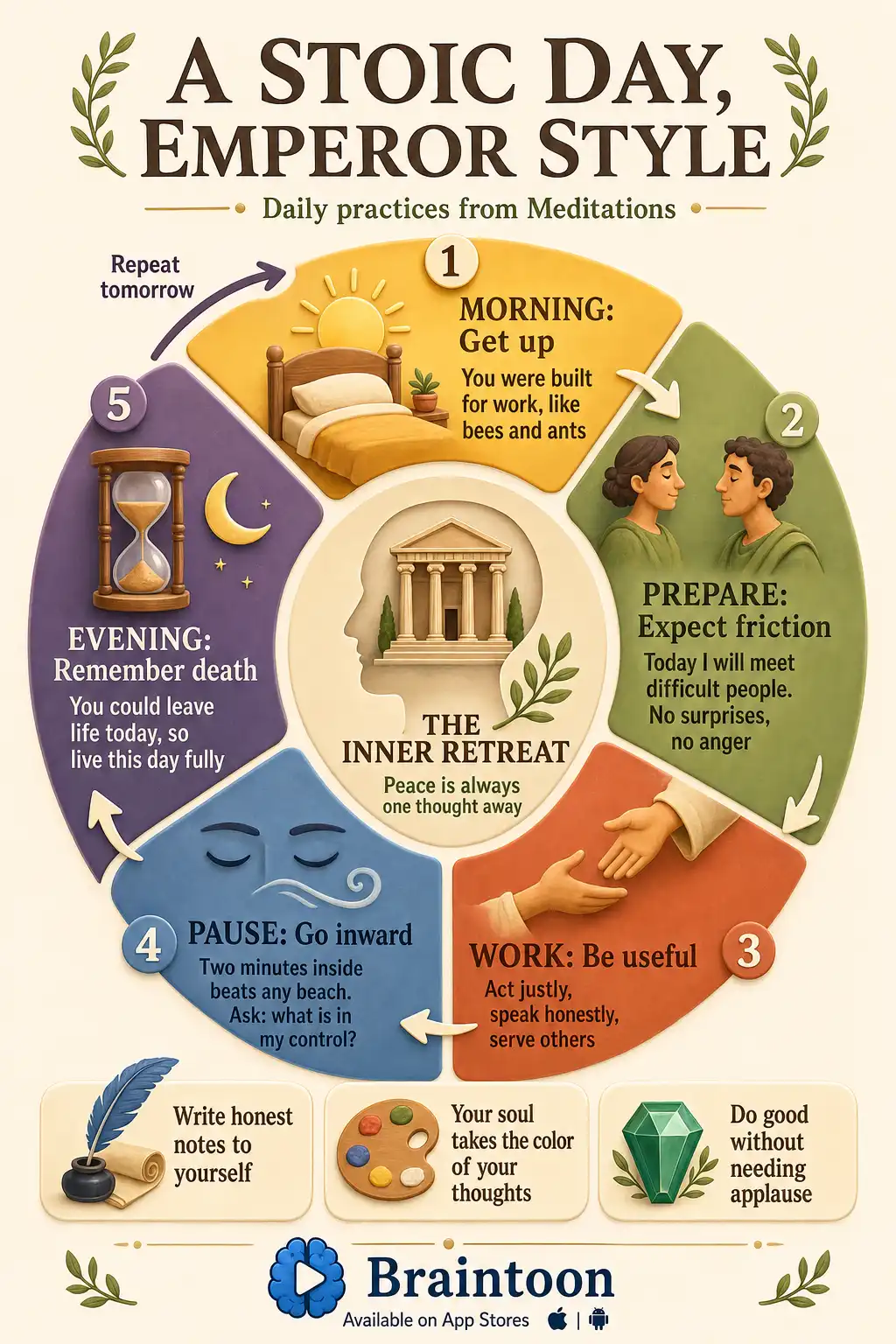 Circular cycle infographic of a Stoic daily routine from Meditations: get up in the morning, prepare to meet difficult people, work usefully, pause to retreat inward, and reflect on mortality in the evening, surrounding a central inner retreat symbol.