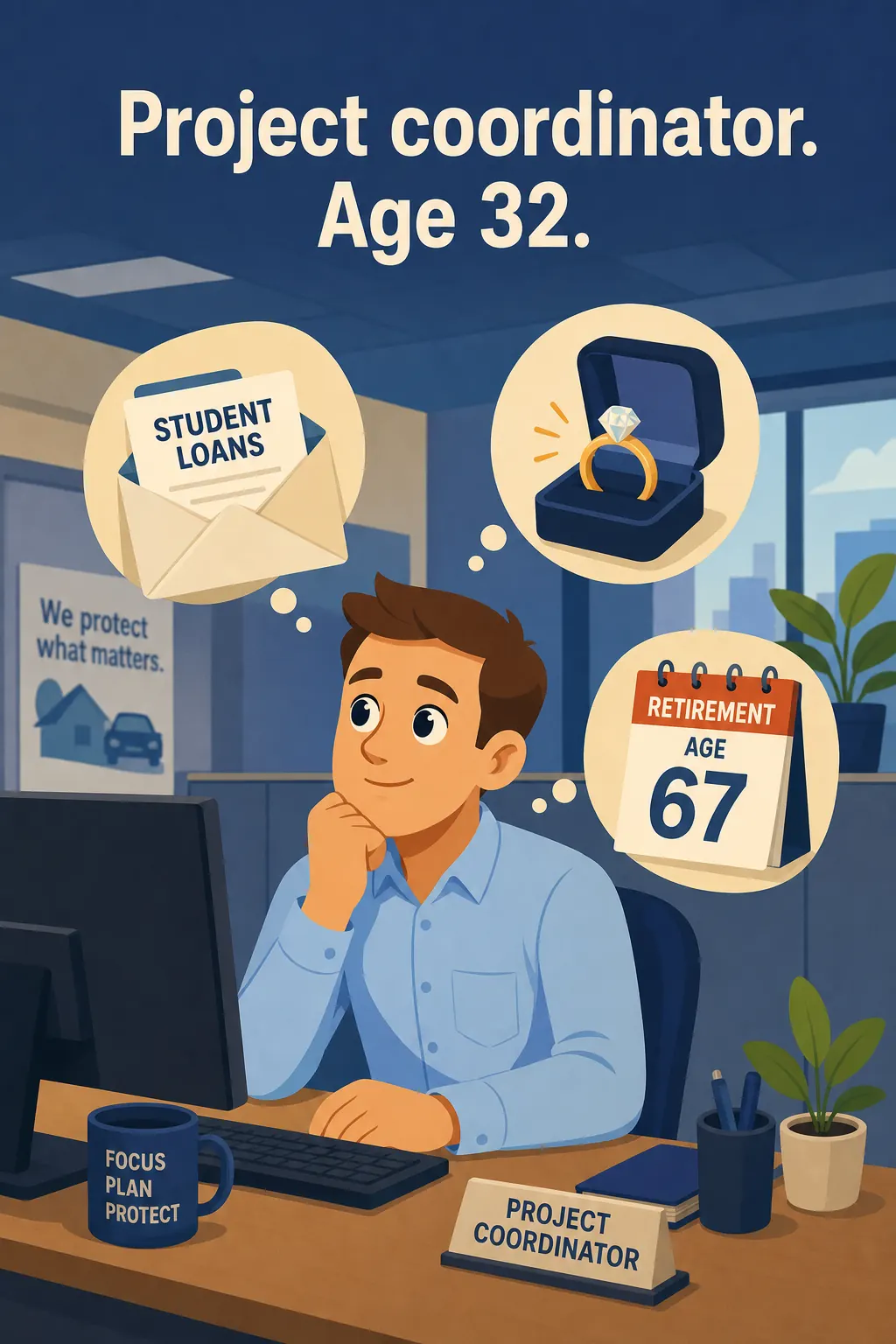 The Millionaire Fastlane visual: Back to Marcus. He's 32, a project coordinator at an insurance firm. He has student loans, a fiancée, and a retirement p