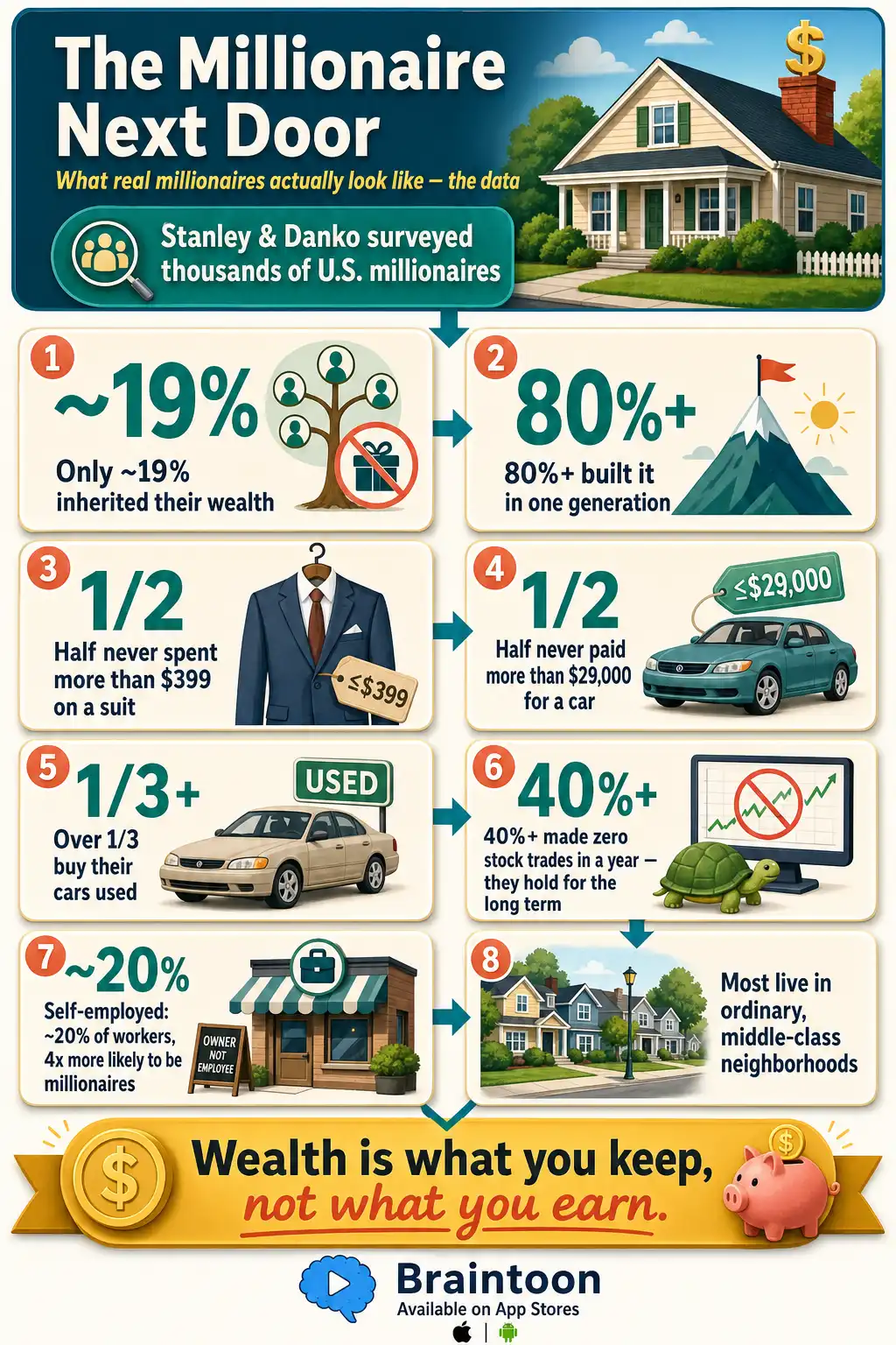 Infographic of key statistics from The Millionaire Next Door: only about 19% of millionaires inherited wealth, over 80% are first-generation, half never spent more than $399 on a suit or $29,000 on a car, over a third buy used cars, more than 40% made no stock trades in a year, and the self-employed are four times more likely to become millionaires. Bottom banner reads 'Wealth is what you keep, not what you earn.'