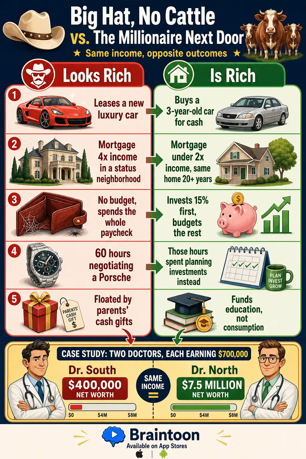 Side-by-side comparison infographic contrasting a 'big hat, no cattle' status spender who leases luxury cars, overborrows on housing, and relies on parental cash gifts, against a quiet millionaire who buys used cars in cash, stays in a modest home for decades, and plans investments. Footer shows doctors with identical $700,000 incomes ending with $400,000 versus $7.5 million in net worth.