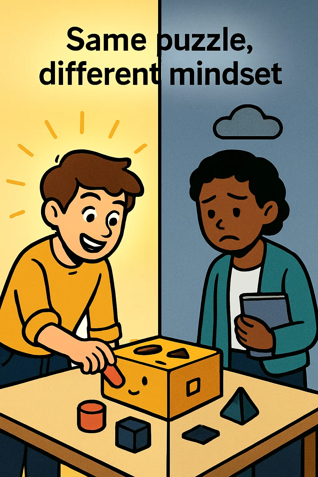 Mindset visual: Imagine two kids facing a tough puzzle. One grins and says, 'Cool, I love a challenge.' The other frowns and thinks, 'I’