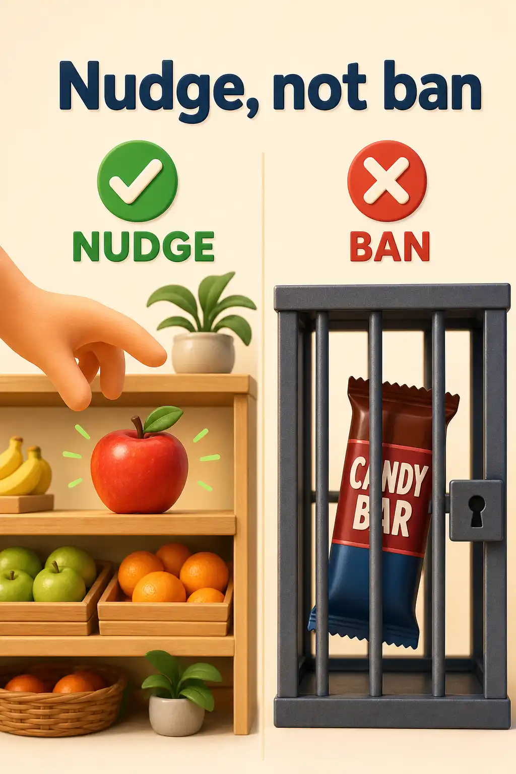 Nudge preview: A nudge changes behavior predictably without banning options or raising costs. Fruit at eye level is a nudge. Banning ju