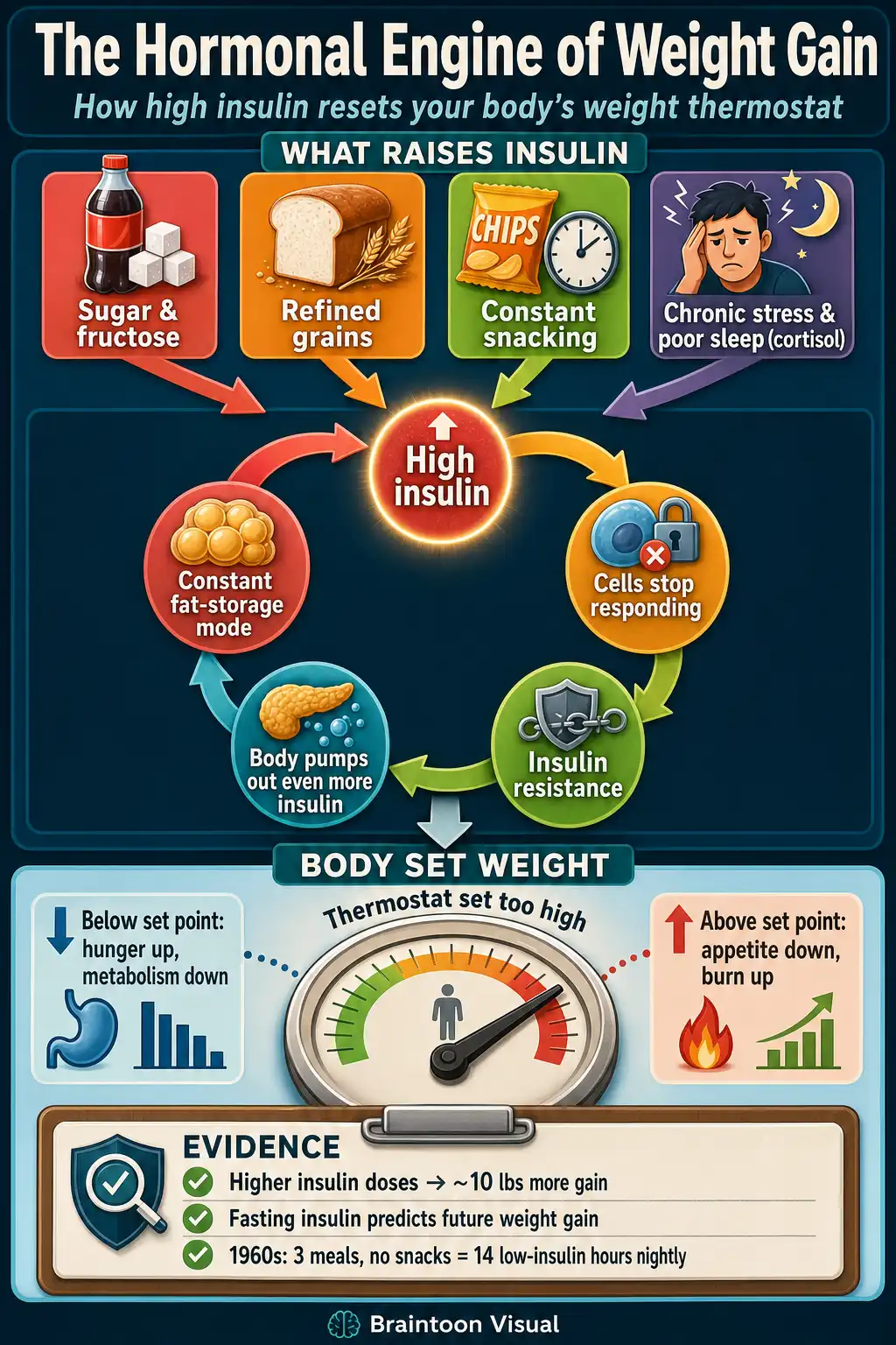 Framework diagram showing how sugar, refined grains, constant snacking, and stress raise insulin, creating a vicious cycle where cells stop responding and insulin rises further, which pushes the body's weight set point higher like a thermostat stuck too high, with supporting evidence that higher insulin doses cause weight gain.