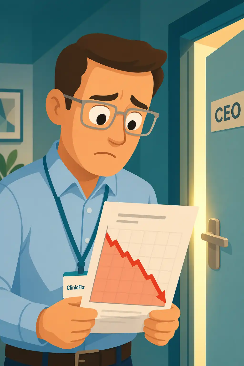 Predictable Revenue visual: Brian Mathis is standing outside his CEO's office, clutching a report that shows yet another missed sales quarter. In ab