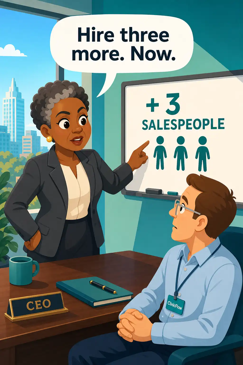 Predictable Revenue visual: Inside that office, Brian's CEO has a fix in mind for ClinicFlow, their small Raleigh company that sells scheduling soft