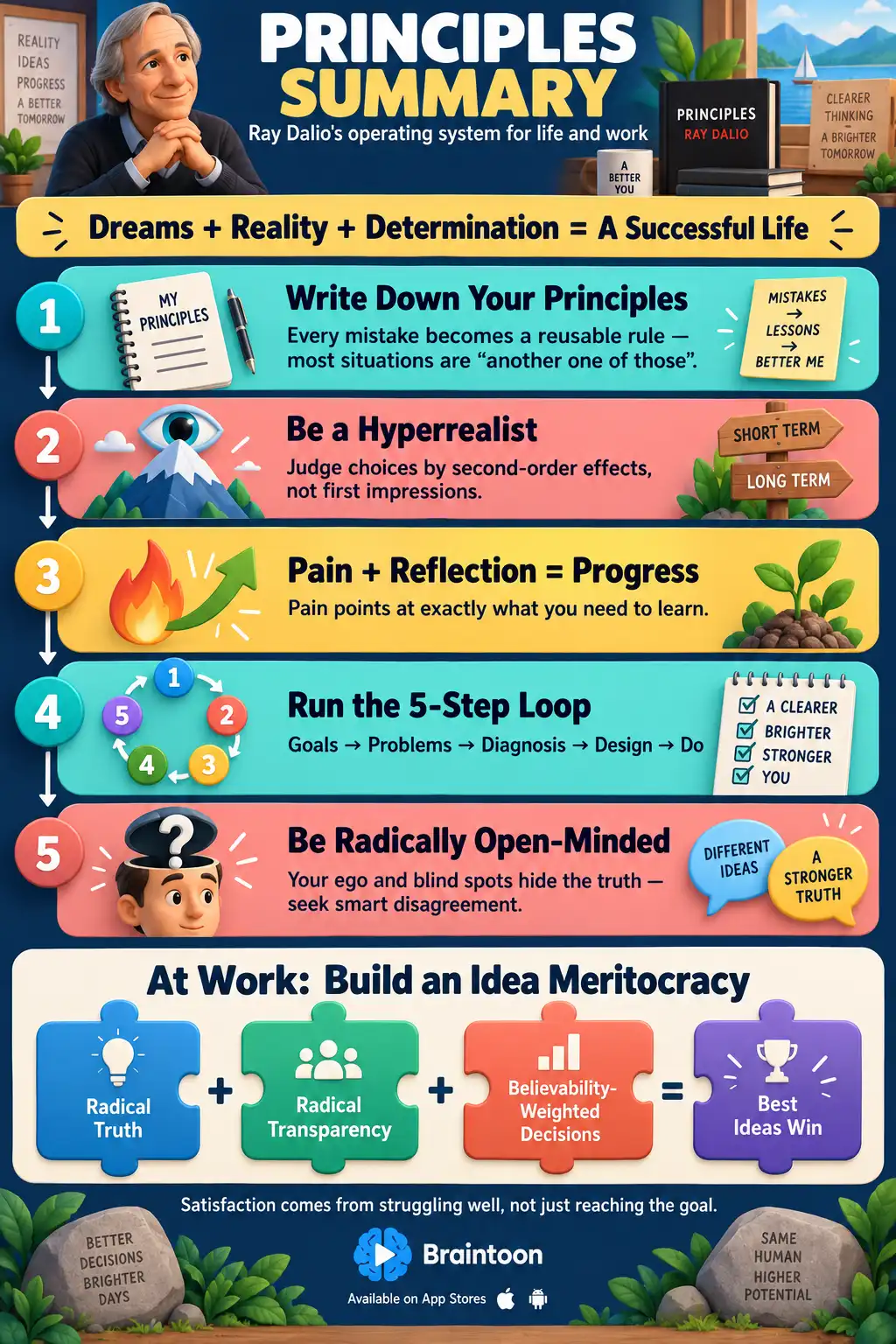 Infographic summarizing Ray Dalio's Principles: the equation dreams plus reality plus determination equals success, five core habits including writing down principles, hyperrealism, pain plus reflection equals progress, the five-step loop, and radical open-mindedness, ending with the idea meritocracy formula.