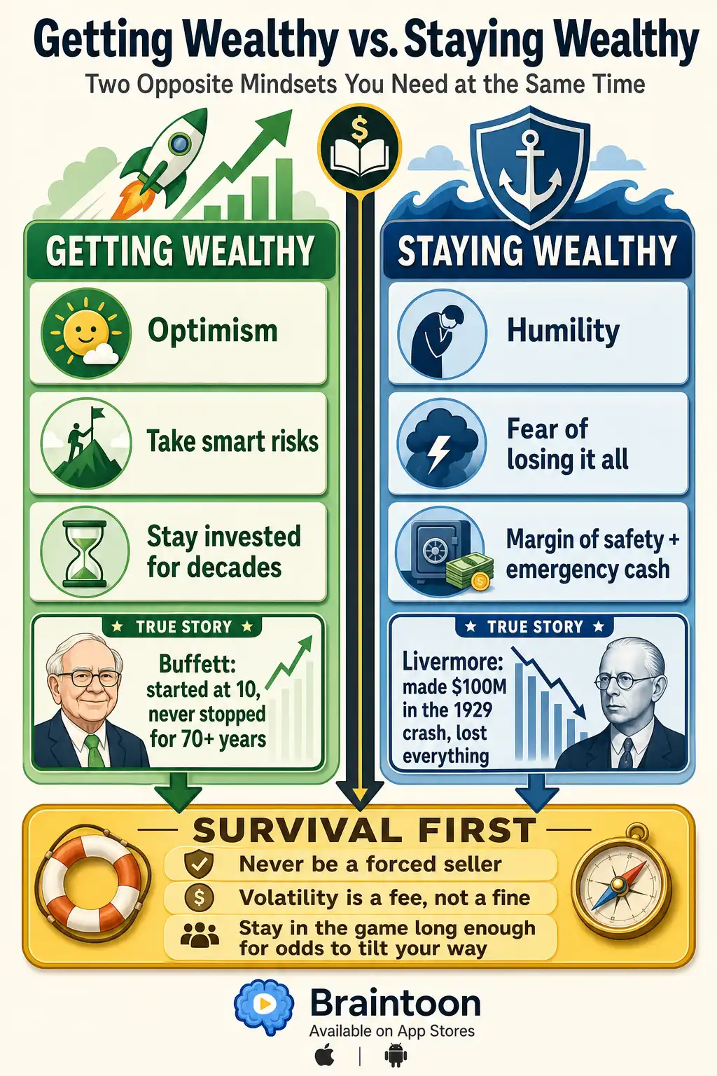 Split infographic contrasting the optimistic risk-taking mindset needed to get wealthy with the humble, safety-focused mindset needed to stay wealthy, illustrated by Warren Buffett and Jesse Livermore, converging on the rule 'survival first'.