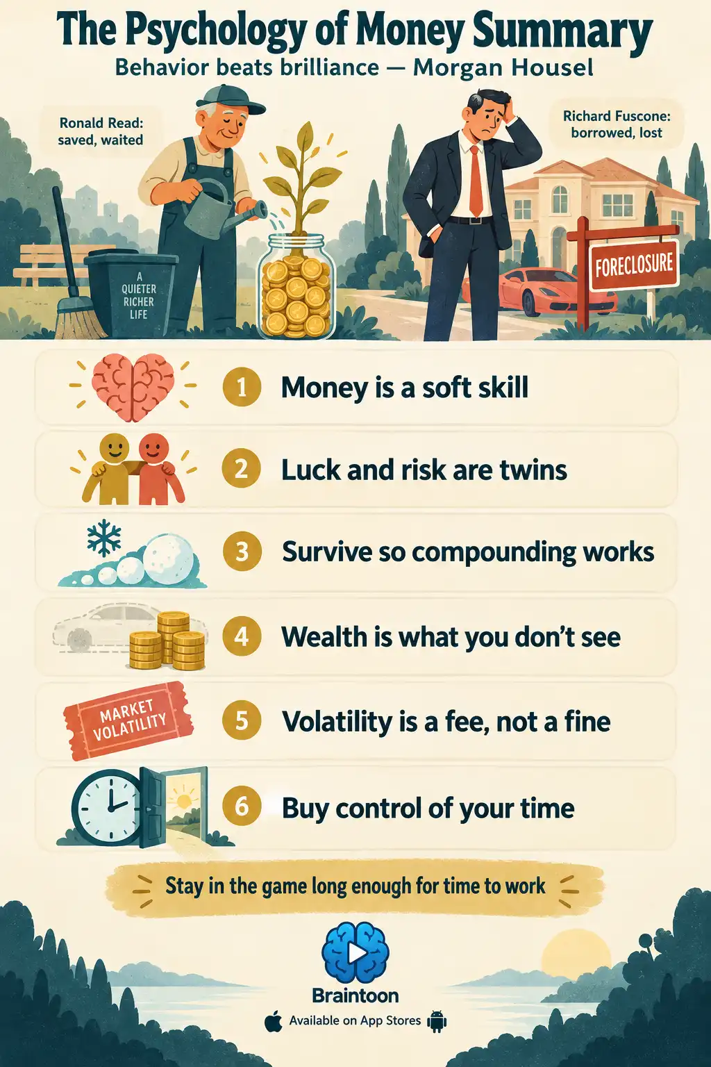 An infographic titled The Psychology of Money Summary. It contrasts a janitor whose savings grew with an executive who lost his mansion to foreclosure, then lists six ideas from the book with icons.