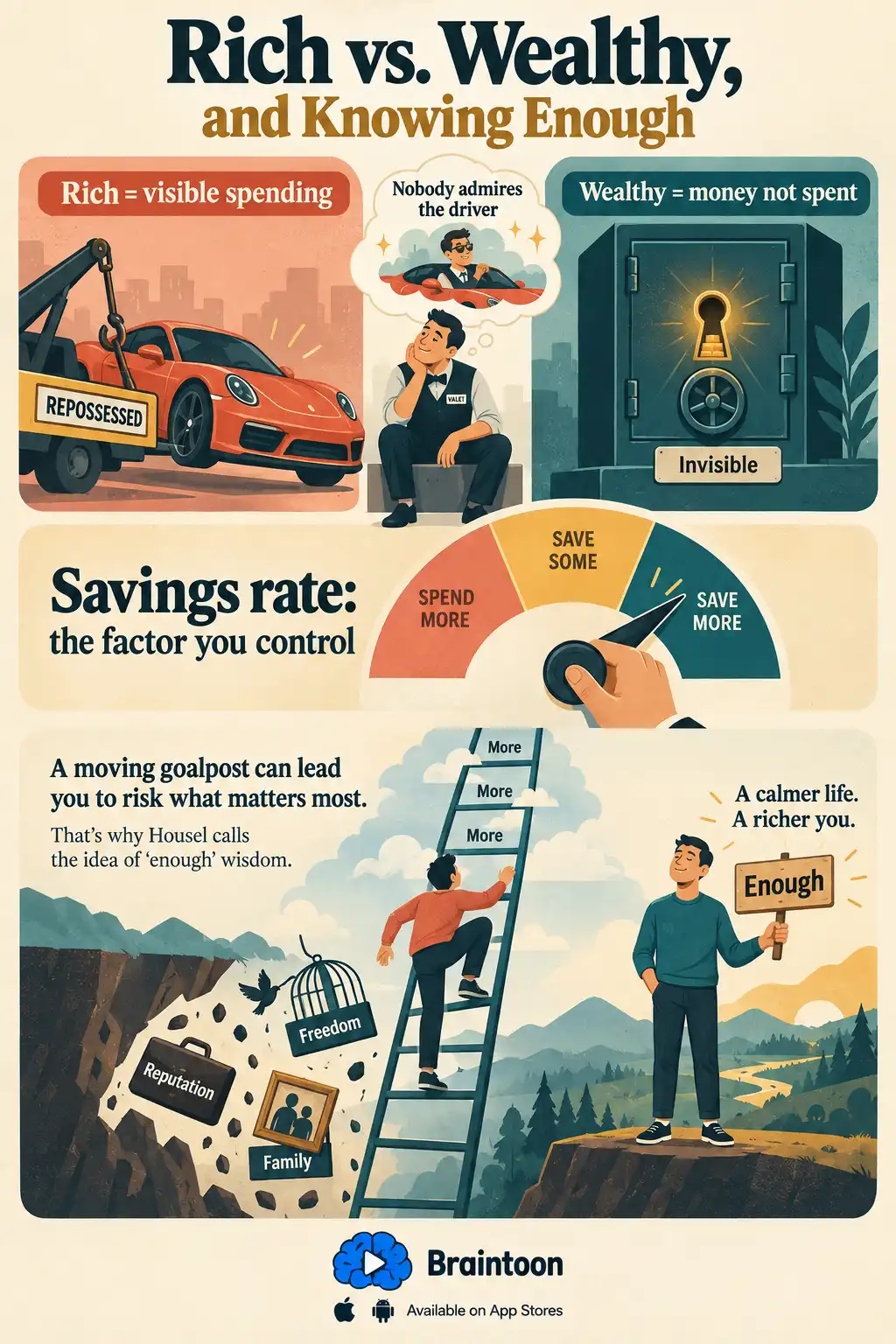 A comparison showing a repossessed sports car as being rich and a closed vault as being wealthy, a dial for savings rate, and a figure on an endless ladder losing reputation, freedom and family while another holds a sign reading Enough.