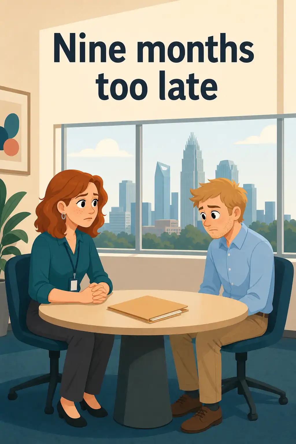 Radical Candor visual: Rachel sits across from Tyler in a quiet conference room in Charlotte, ready to fire him, knowing deep down she should h