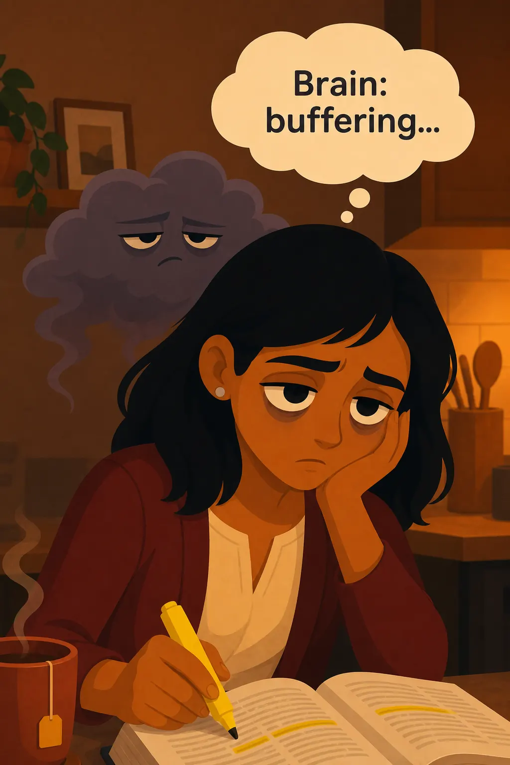 How to Read a Book visual: Picture this. Priya is standing at her kitchen counter at 11 p.m., highlighter in hand, staring down a dense policy book