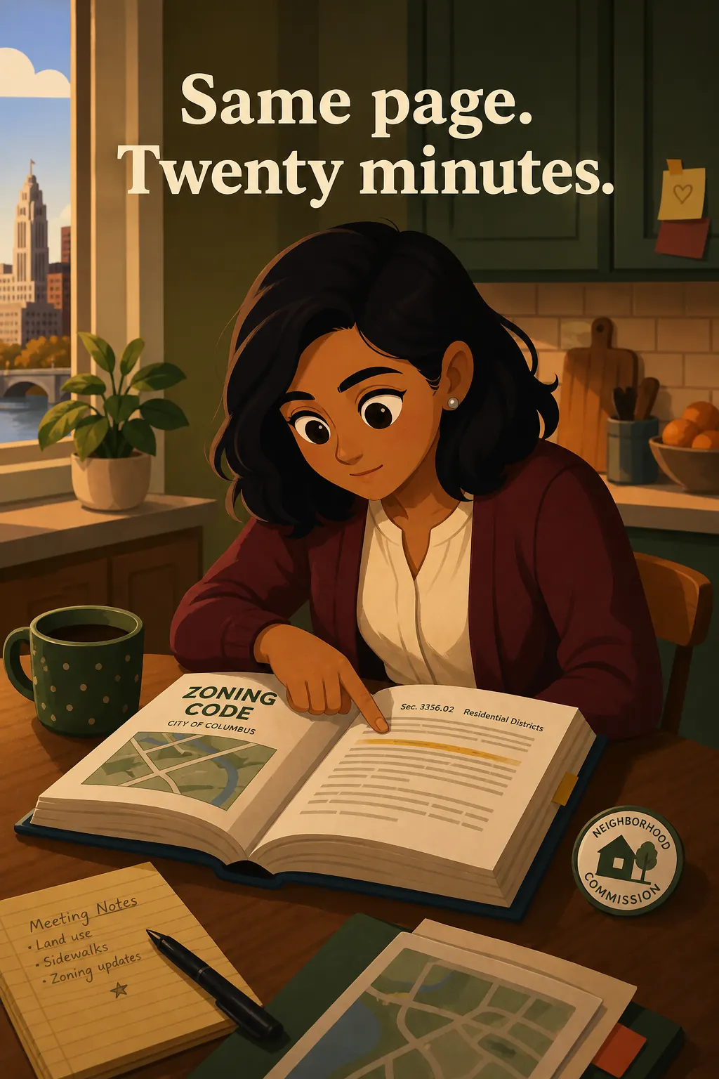 How to Read a Book visual: Priya is a paralegal in Columbus who recently joined her neighborhood area commission, and she has been rereading the sa