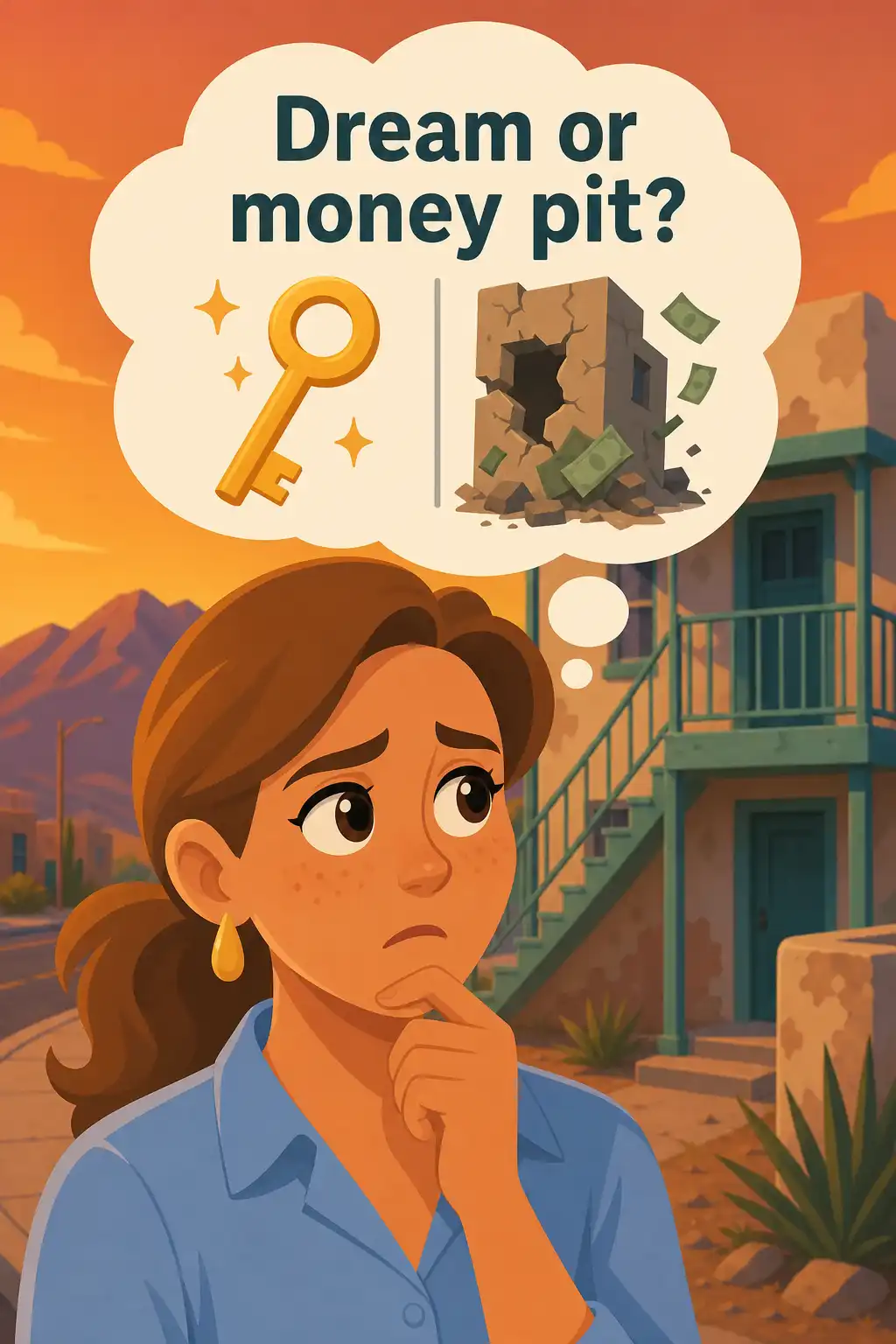 The Book on Rental Property Investing visual: Rachel grips a faded For Sale flyer outside a peeling duplex in Albuquerque. She's desperate to escape her paycheck-to-p