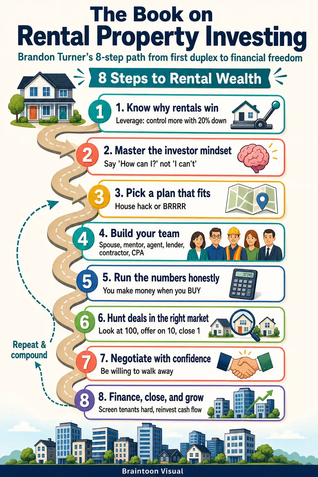 Infographic showing eight numbered steps from Brandon Turner's The Book on Rental Property Investing arranged on a downward path: understanding why rentals build wealth through leverage, investor mindset, picking a plan like house hacking or BRRRR, building a team, running numbers honestly, hunting deals with the 100-10-1 funnel, negotiating with willingness to walk away, and financing, closing, and growing a portfolio.