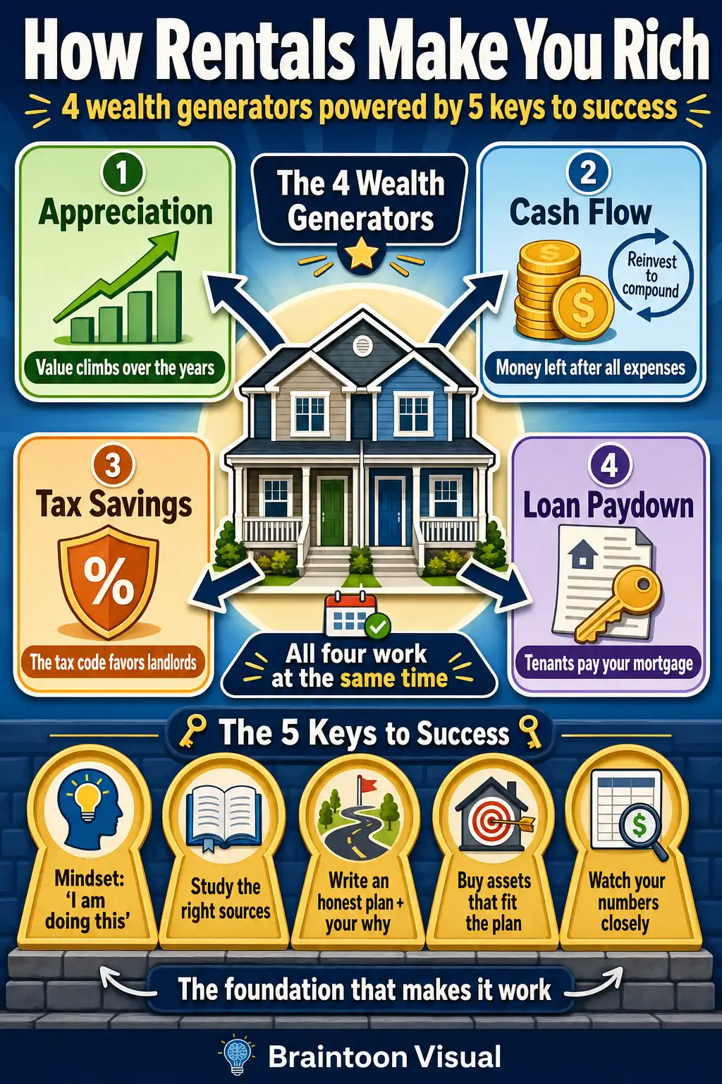Framework infographic with a house at the center surrounded by Brandon Turner's four wealth generators—appreciation, cash flow, tax savings, and loan paydown—sitting on a foundation of five keys to success: mindset, studying the right sources, writing a plan with your why, buying assets that fit, and watching your numbers.