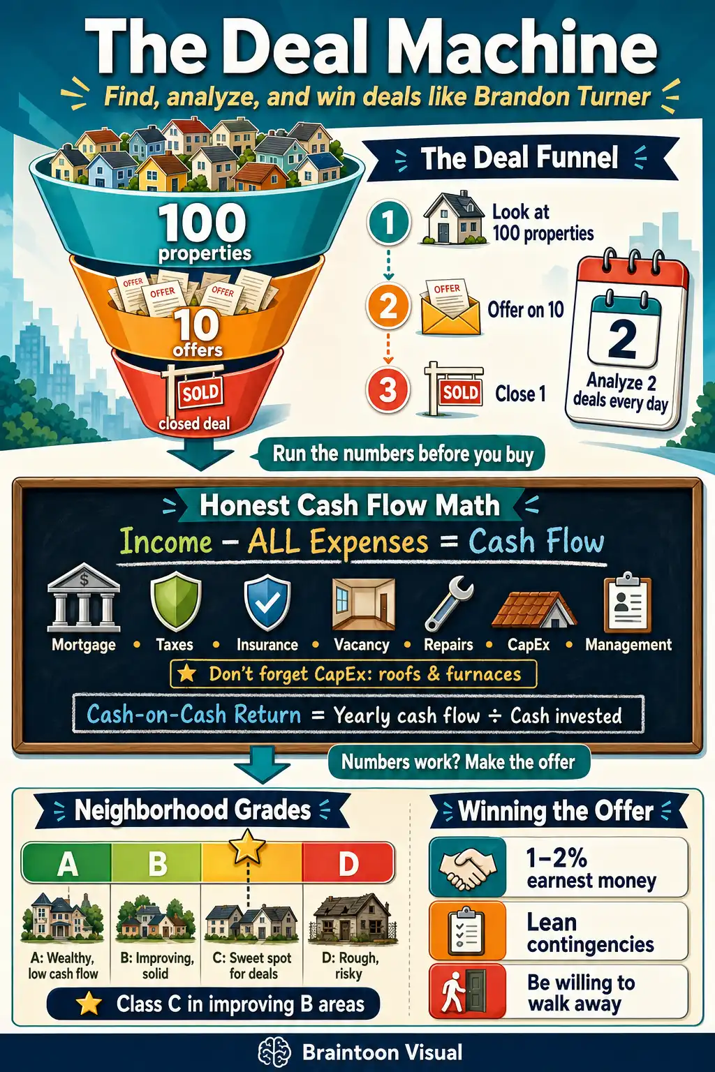 Infographic of Brandon Turner's deal-finding system: a funnel showing look at 100 properties, offer on 10, close 1; the honest cash flow equation of income minus all expenses including CapEx; the cash-on-cash return formula; an A-to-D neighborhood grading scale highlighting Class C properties in improving areas; and offer tips like 1–2% earnest money and being willing to walk away.