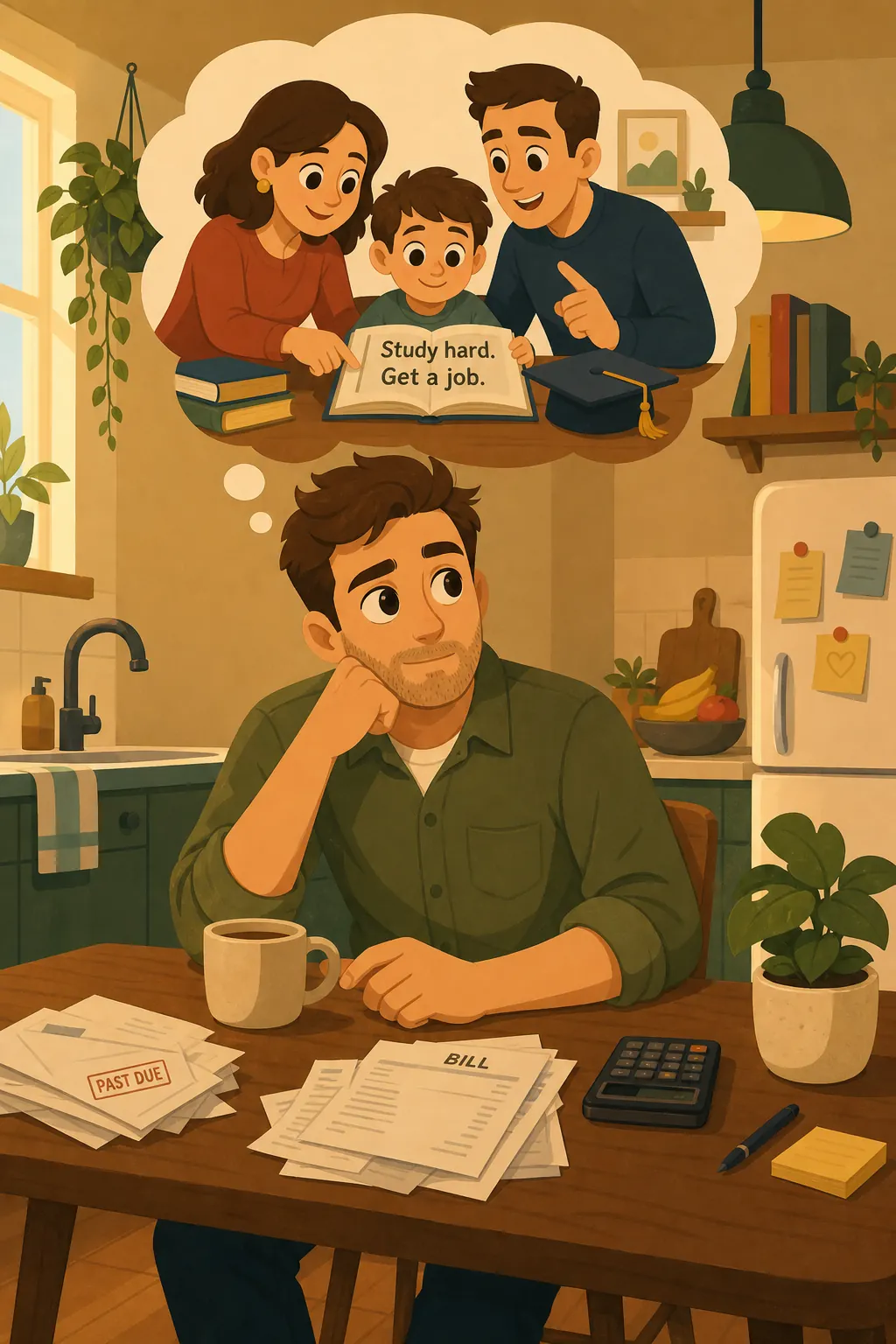 Rich Dad Poor Dad visual: Daniel, a 28-year-old graphic designer, sets the bills down and remembers the advice his parents drilled into him growin