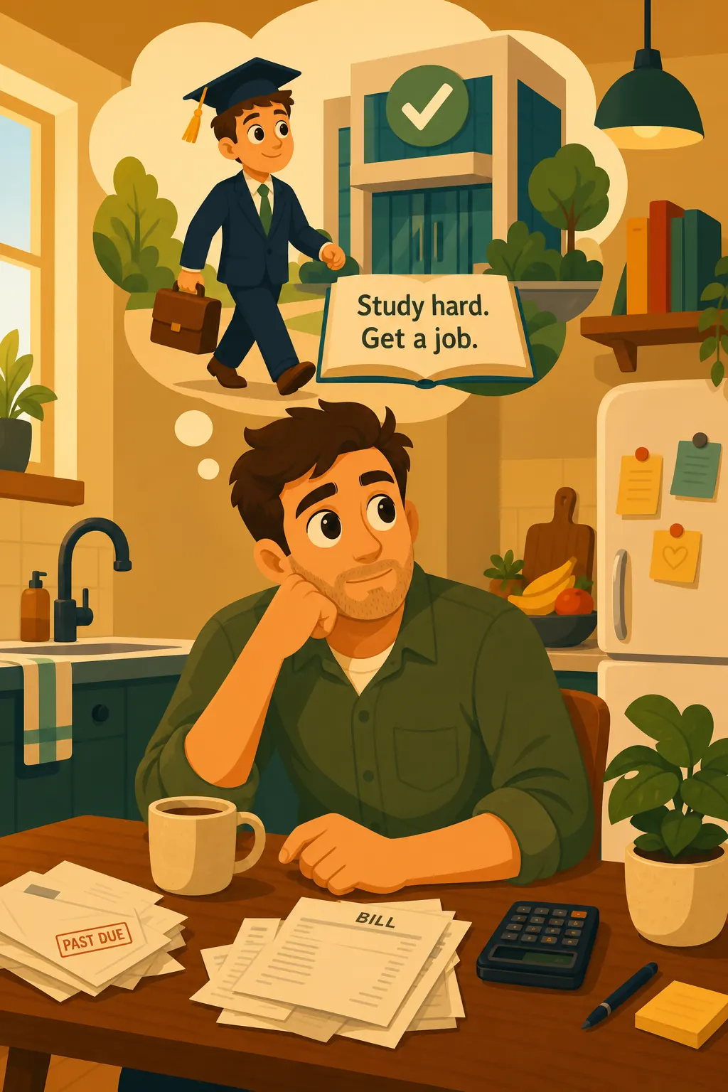 Rich Dad Poor Dad preview: Daniel, a 28-year-old graphic designer, sets the bills down and remembers the advice his parents drilled into him growin