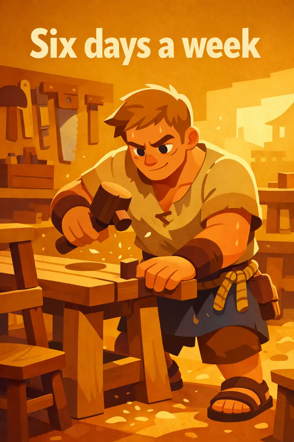 The Richest Man in Babylon visual: Meet Dara. He's a furniture maker in a busy city. He works six days a week, sometimes seven, building tables and chairs 