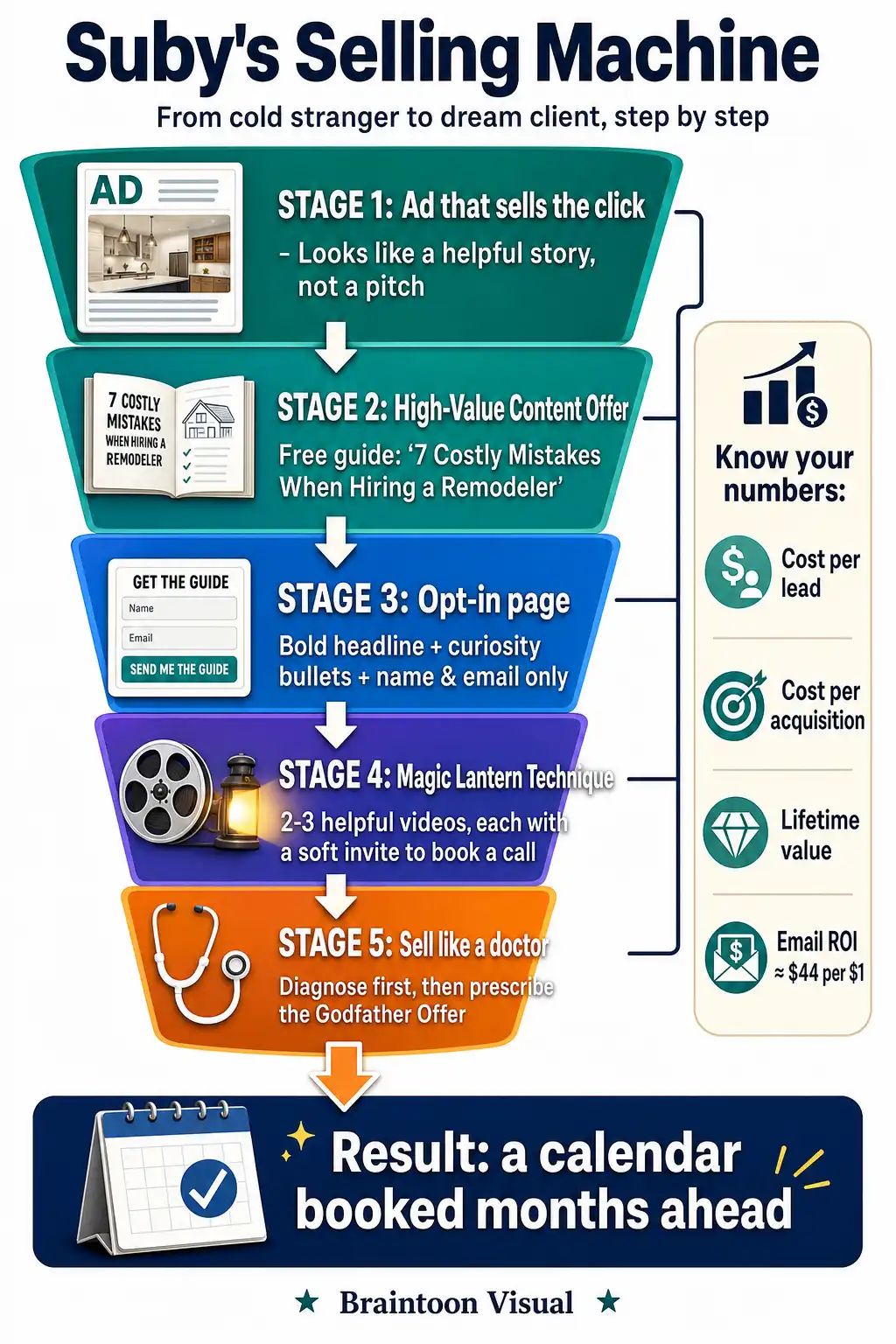Funnel infographic of Sabri Suby's selling machine: an ad that sells the click leads to a High-Value Content Offer, then an opt-in page, then Magic Lantern nurture videos, then a doctor-style sales call delivering the Godfather Offer, with a side panel on cost per lead, cost per acquisition, lifetime value, and email ROI.