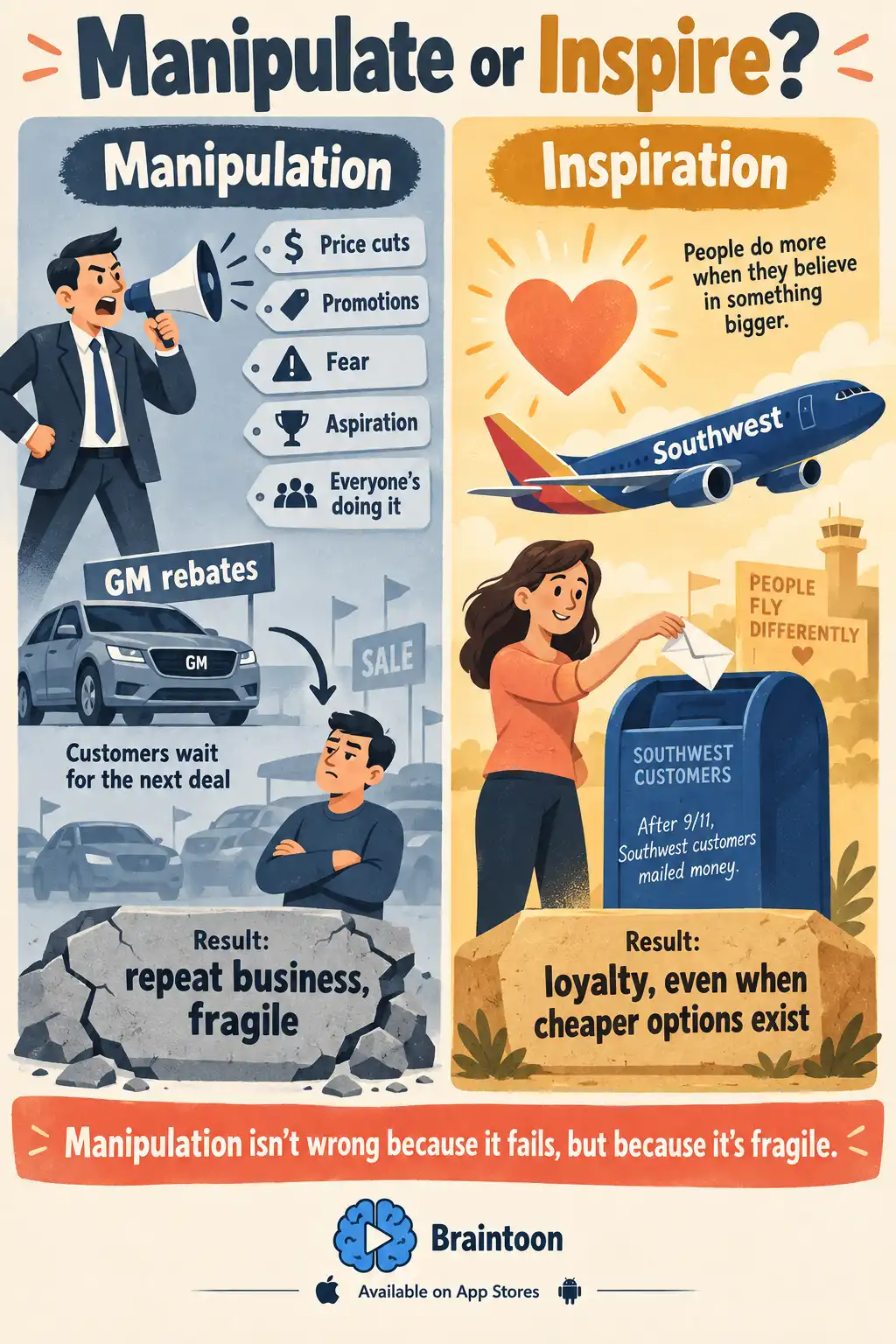 A two-column comparison. On the slate left, manipulation tactics such as price cuts, promotions, fear, aspiration and peer pressure lead to GM's rebate cycle and fragile repeat business. On the amber right, inspiration leads to Southwest customers mailing money after 9/11 and to loyalty that holds even when cheaper options exist.