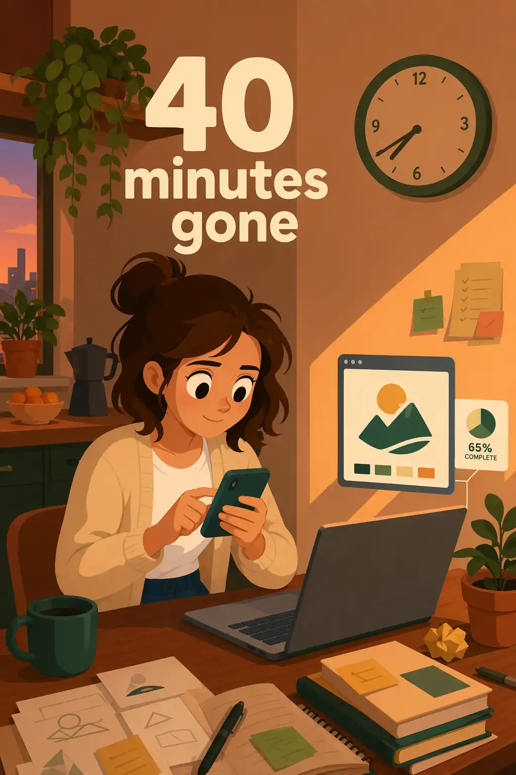 Stolen Focus visual: Emma stares at her laptop. The deadline is looming. But her thumb keeps drifting to her phone, and somehow, forty minute