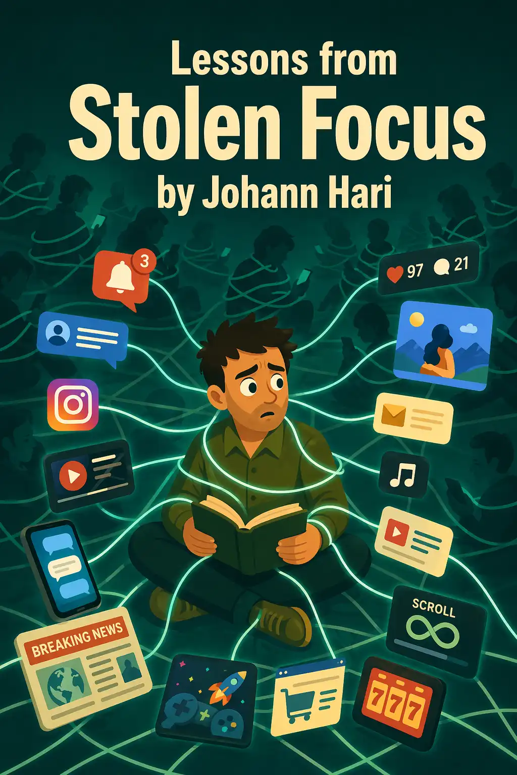 Stolen Focus visual: In "Stolen Focus," Johann Hari explores why our attention is collapsing, and he reveals twelve hidden forces quietly dis