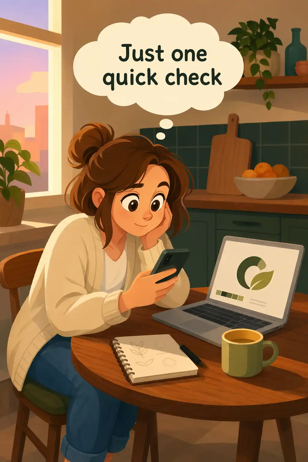 Stolen Focus visual: Emma, a graphic designer, sits at her kitchen table trying to finish a client's logo. Instead, she's checked Instagram e