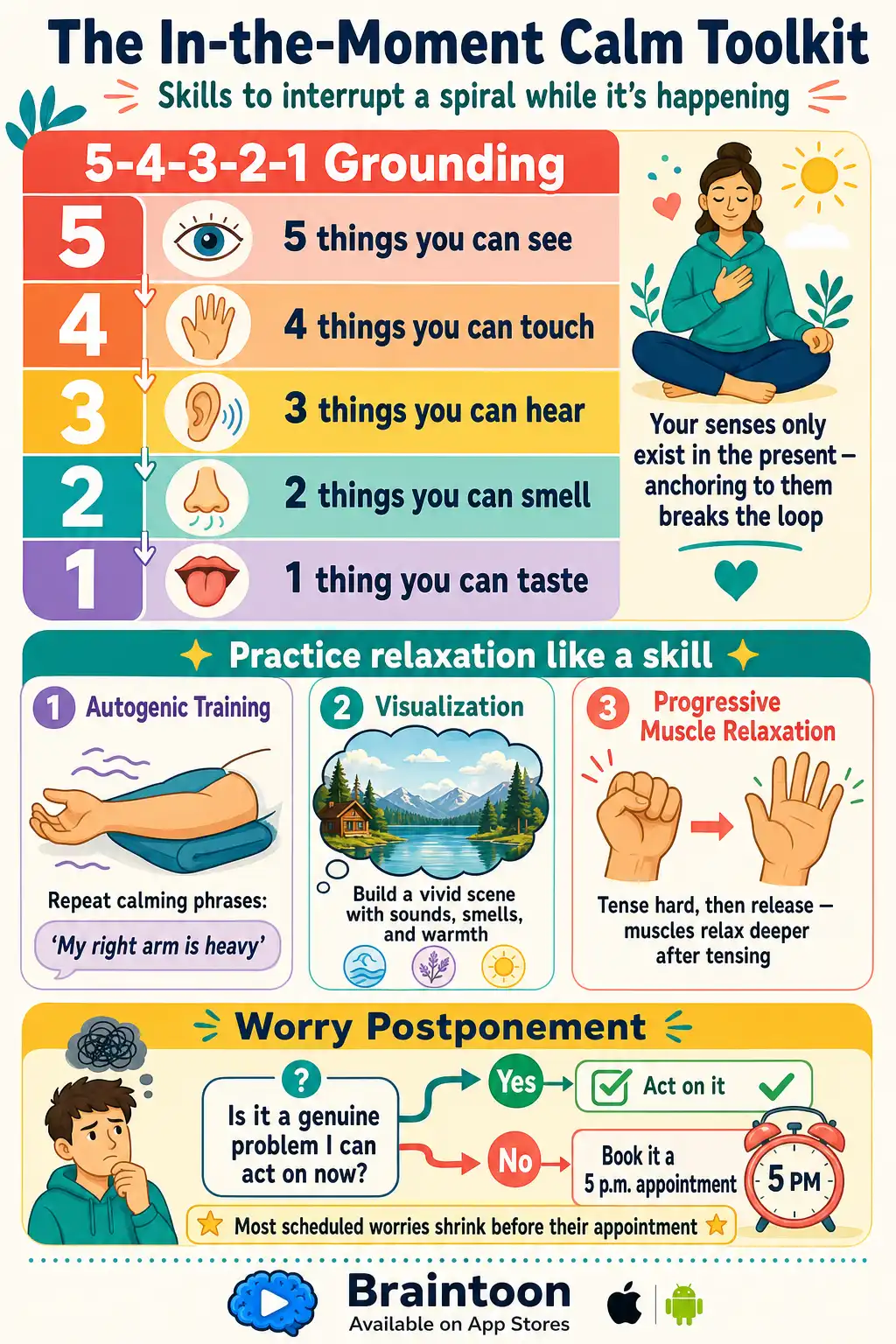 Infographic toolkit of rapid calming techniques: the 5-4-3-2-1 sensory grounding countdown, autogenic training phrases, visualization, progressive muscle relaxation, and a worry-postponement flowchart that schedules non-actionable worries for later.