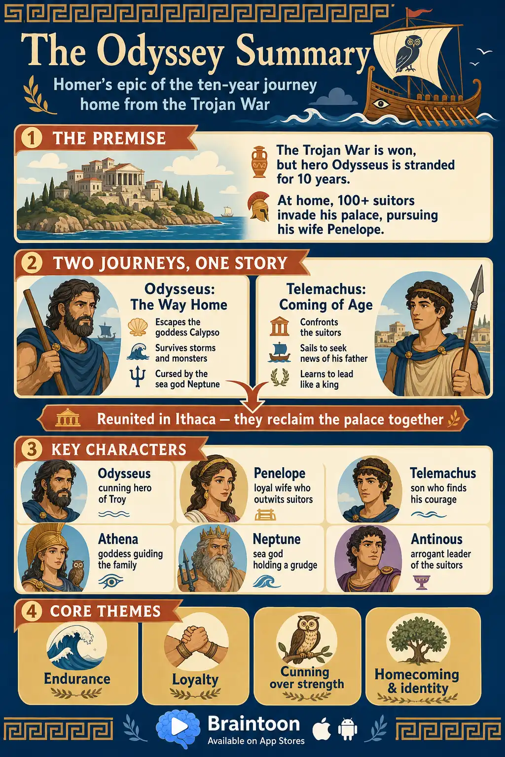 Overview infographic of The Odyssey showing the premise, the parallel journeys of Odysseus and Telemachus, six key characters, and four core themes.