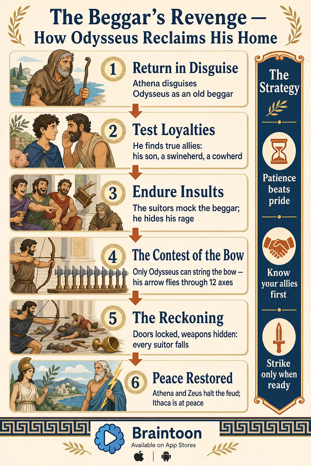 Sequence infographic showing six steps of Odysseus's return: disguise, testing allies, enduring insults, the bow contest, the battle with the suitors, and the final peace.