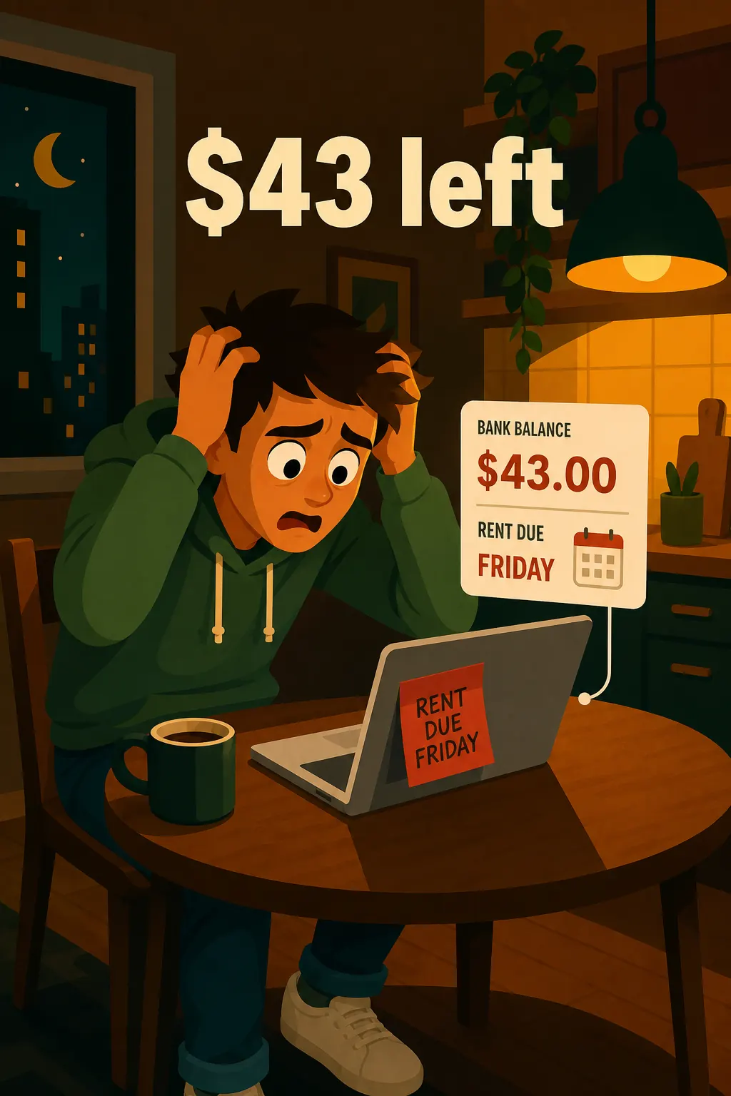 Think and Grow Rich visual: It's 2 a.m. Daniel is staring at his laptop. His bank balance reads forty-three dollars, rent is due Friday, and he has 