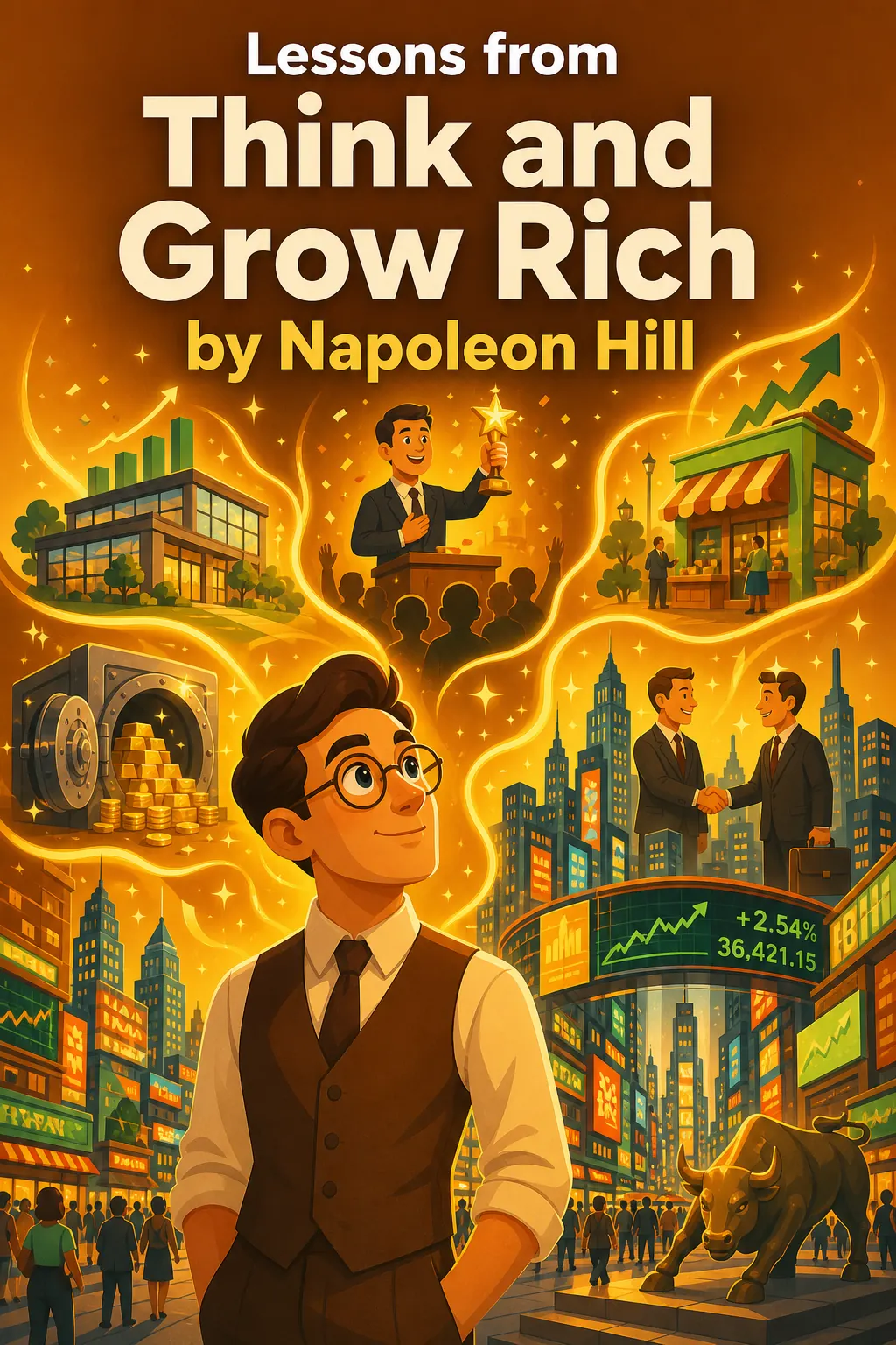 Think and Grow Rich visual: Think and Grow Rich by Napoleon Hill is a practical guide to turning focused thought, clear desire, and careful planning