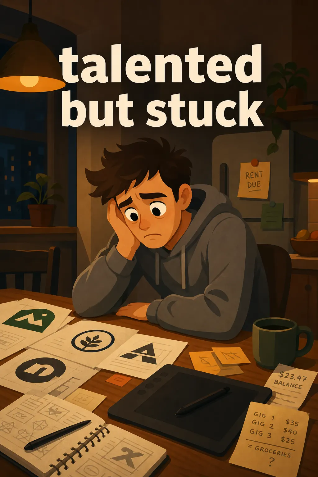 Think and Grow Rich visual: So back to Daniel, broke at his kitchen table. He's a graphic designer, talented, but stuck taking tiny gigs that barely