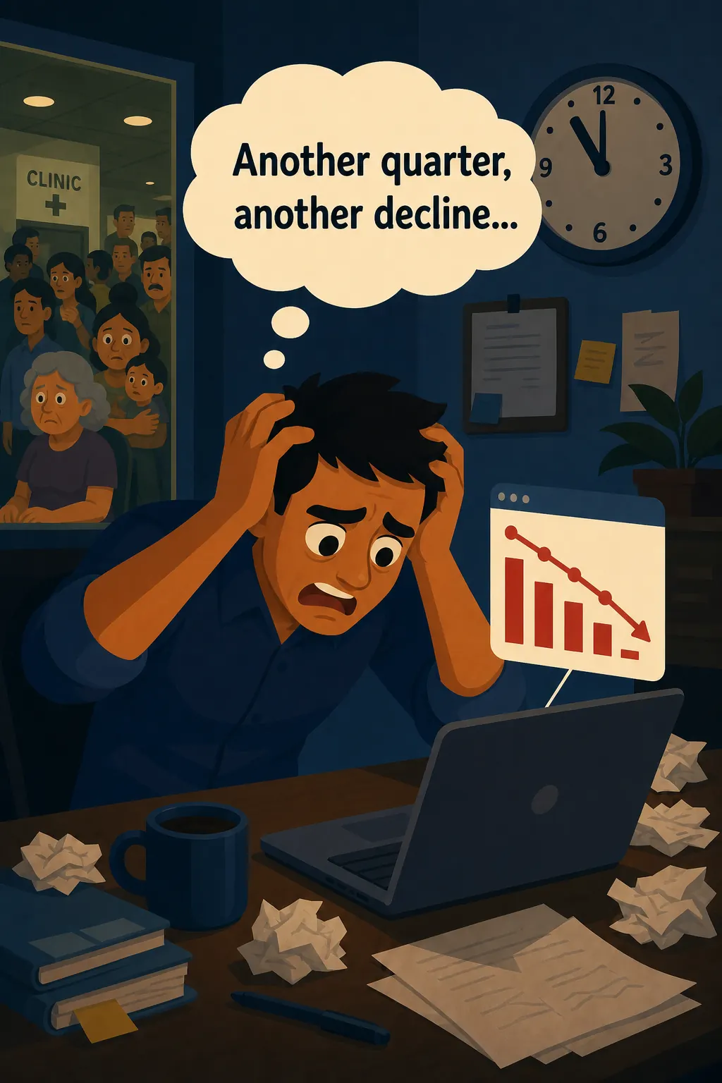 Thinking in Systems visual: It's 11pm. Marcus is staring at another quarter of falling clinic numbers, and he's slowly realizing that every fix he's