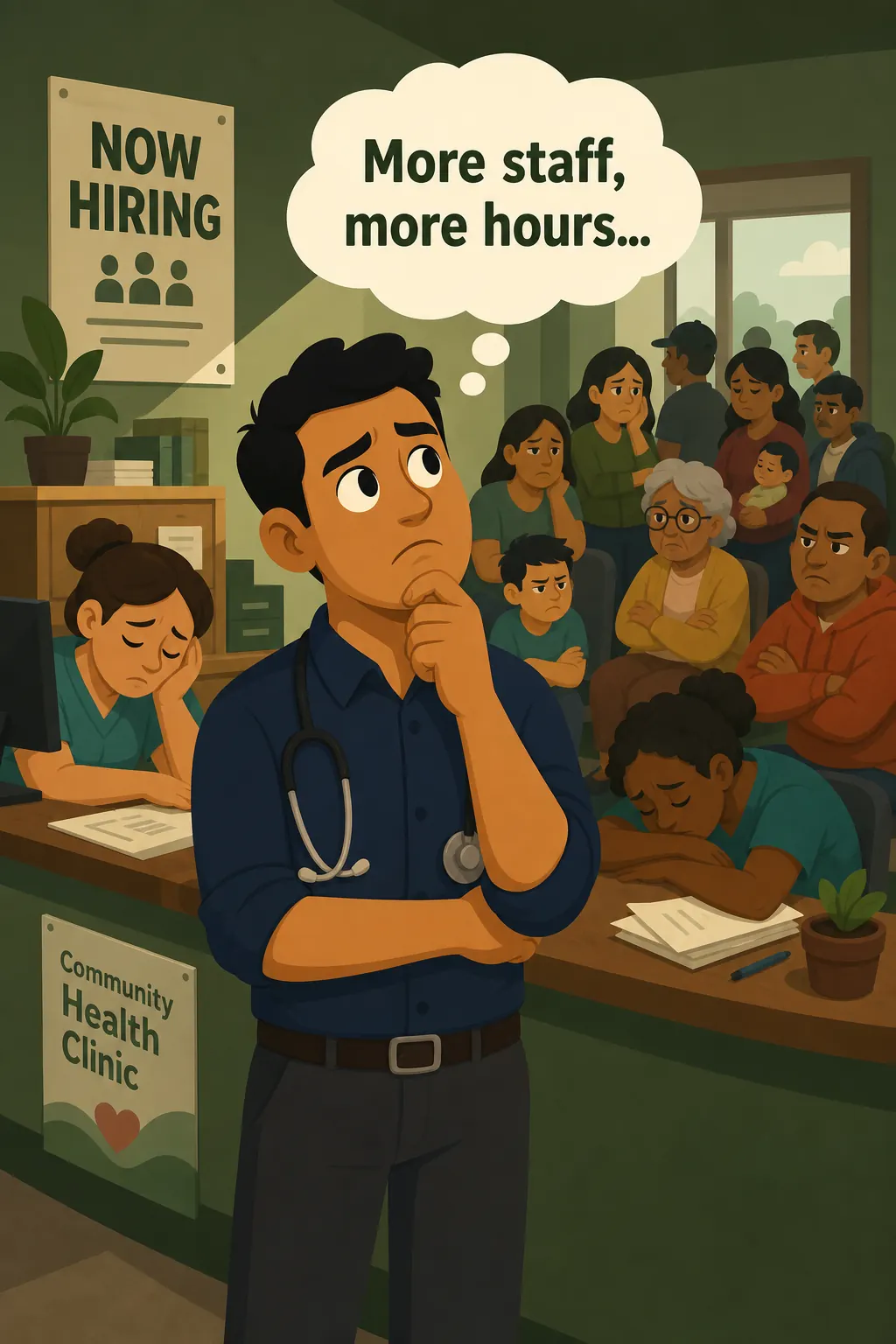 Thinking in Systems visual: Marcus runs a small community health clinic. Despite hiring more staff and adding hours, patient outcomes keep slipping,