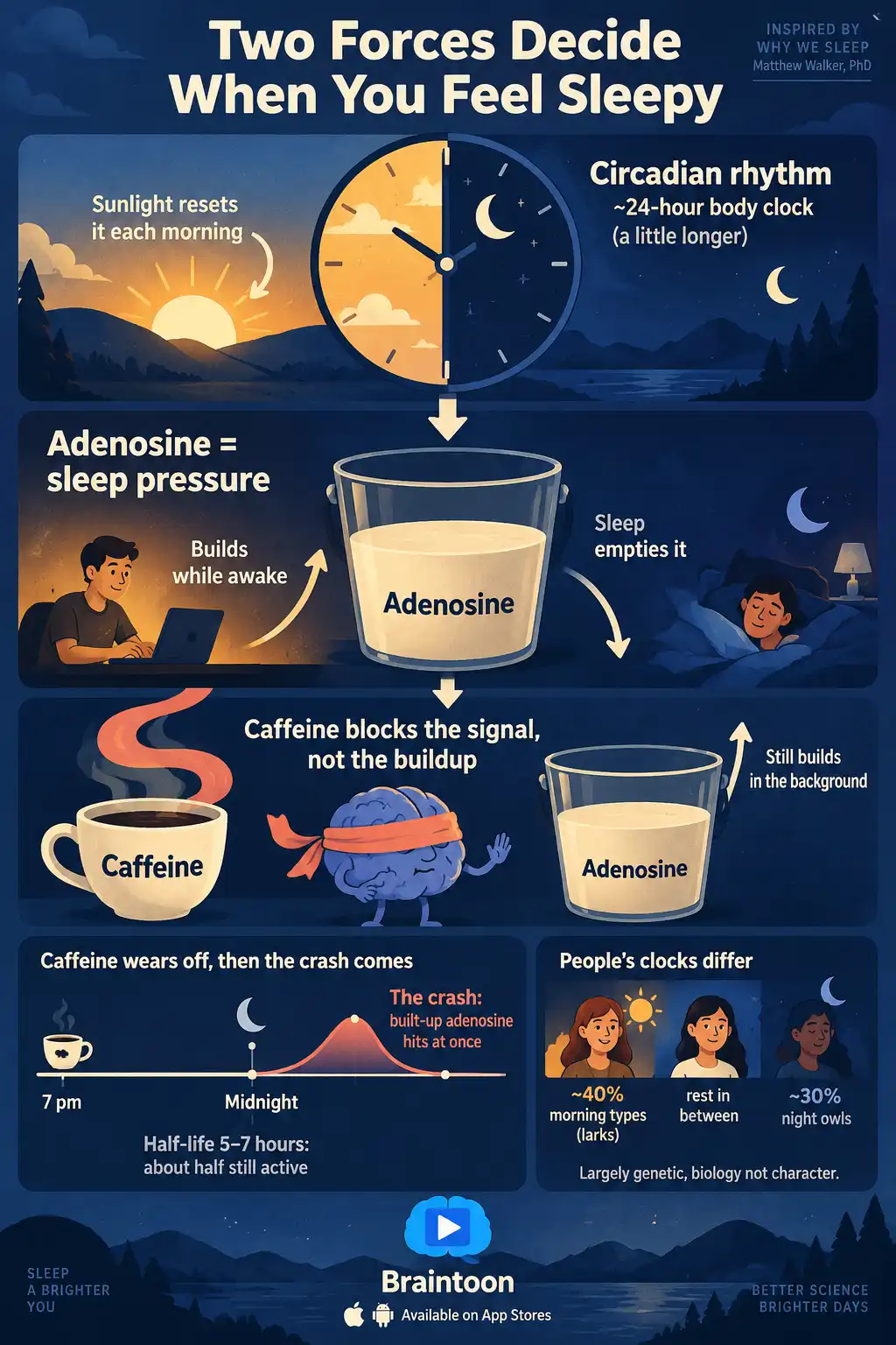 A diagram shows a day-night clock reset by sunlight, a bucket of adenosine filling during waking hours, and caffeine blindfolding the brain to the bucket level. A timeline shows caffeine lingering until midnight, and a small chart shows proportions of larks and owls.