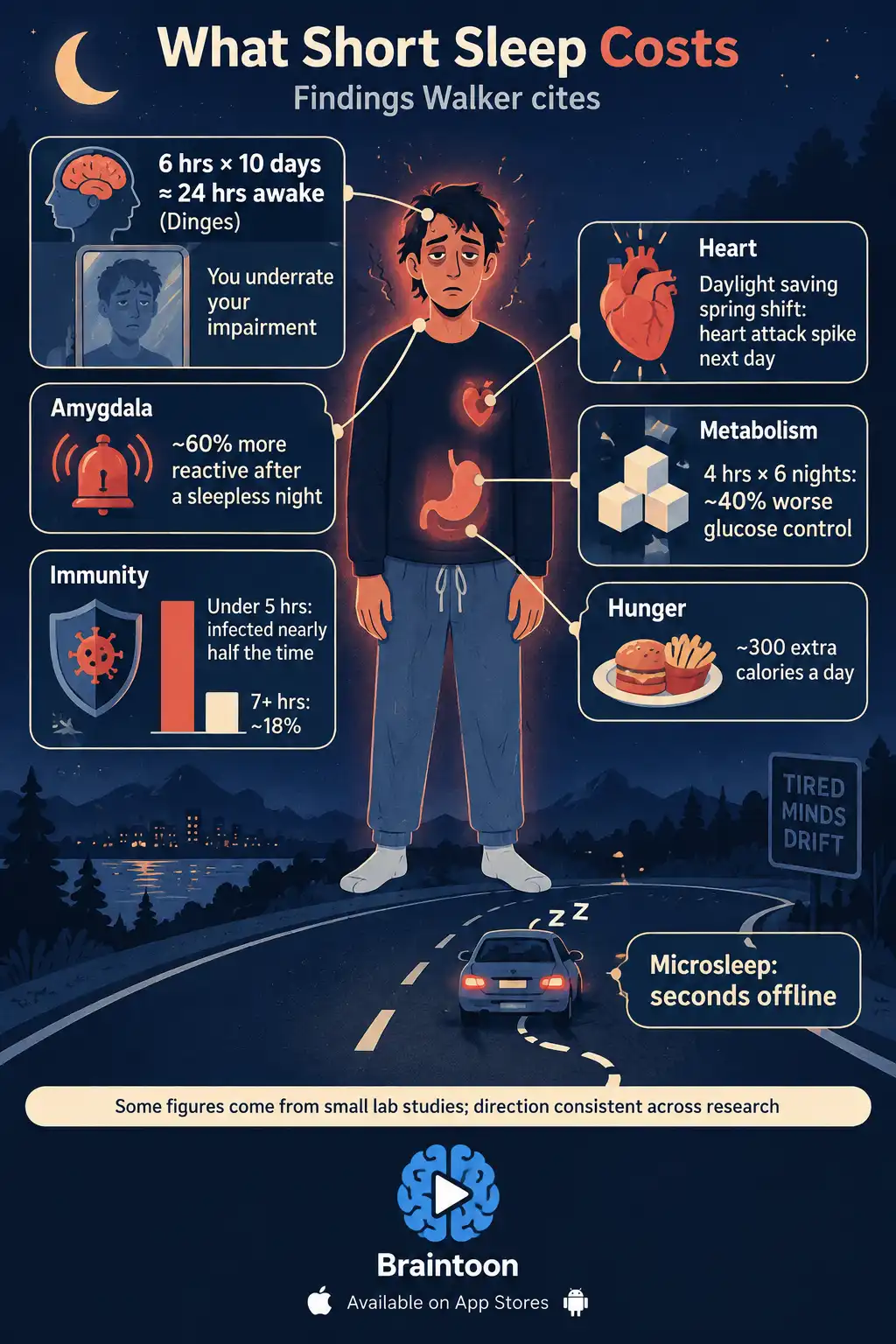 A figure with callouts links short sleep to a heart attack spike after daylight saving, poorer glucose control, extra calories, higher cold infection rates, attention impairment you can't perceive, a more reactive amygdala and microsleeps while driving. A note cautions that some figures come from small studies.