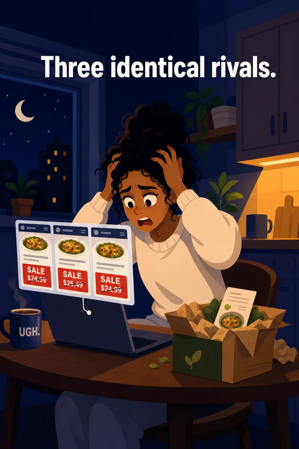 Zero to One visual: It's 2am, and Maya is staring at her laptop, watching her meal-kit startup bleed cash. Three nearly identical competitor