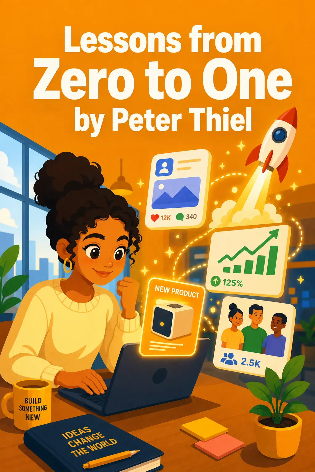 Zero to One visual: Zero to One by Peter Thiel is about building genuinely new things instead of copying what already exists. It's a guide t