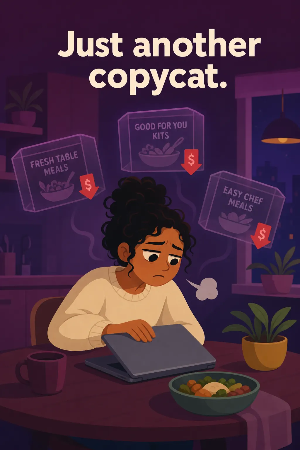 Zero to One visual: Maya closes her laptop, exhausted. Her meal-kit company is essentially a copy of bigger ones, and the price war is destr